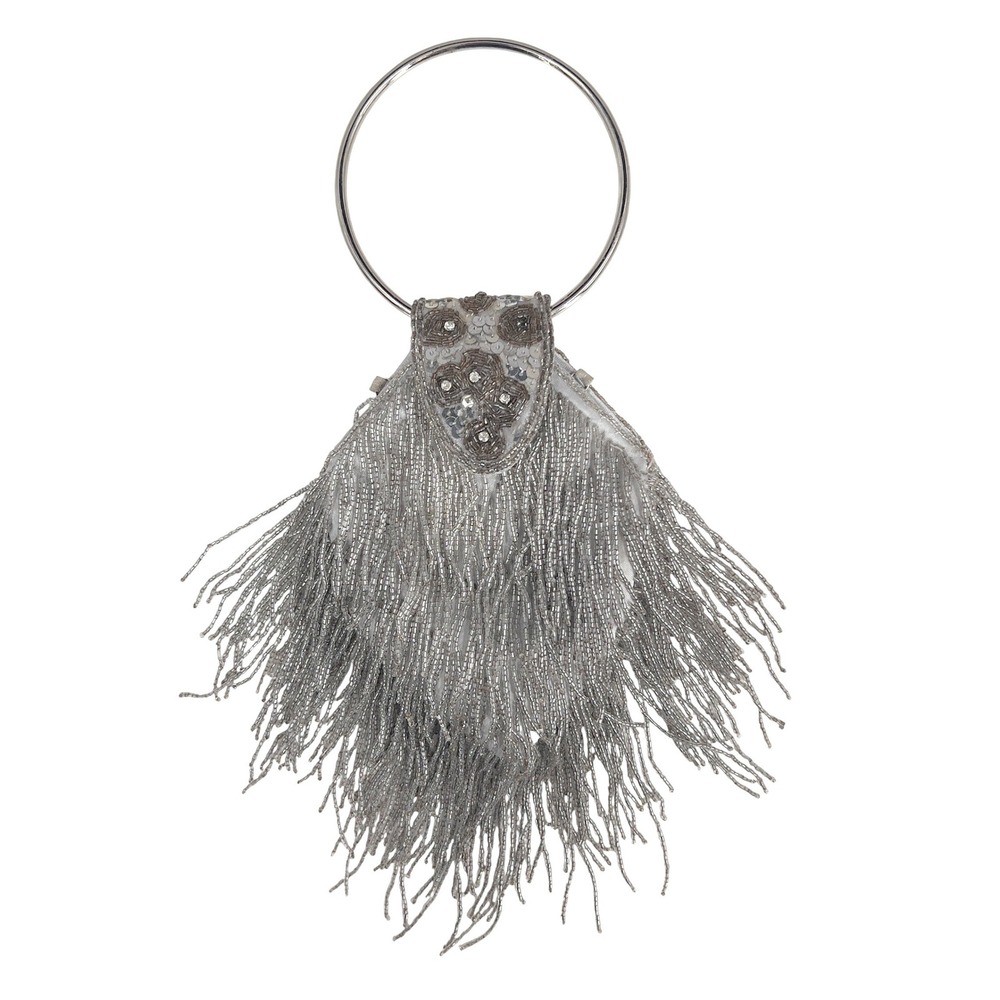 Beaded Fringe Wristlet Clutch in Silver